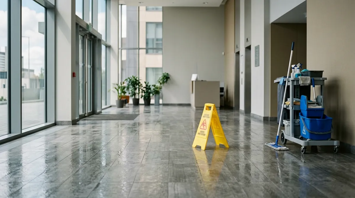Hall de copropriété fraîchement nettoyé avec panneau sol mouillé